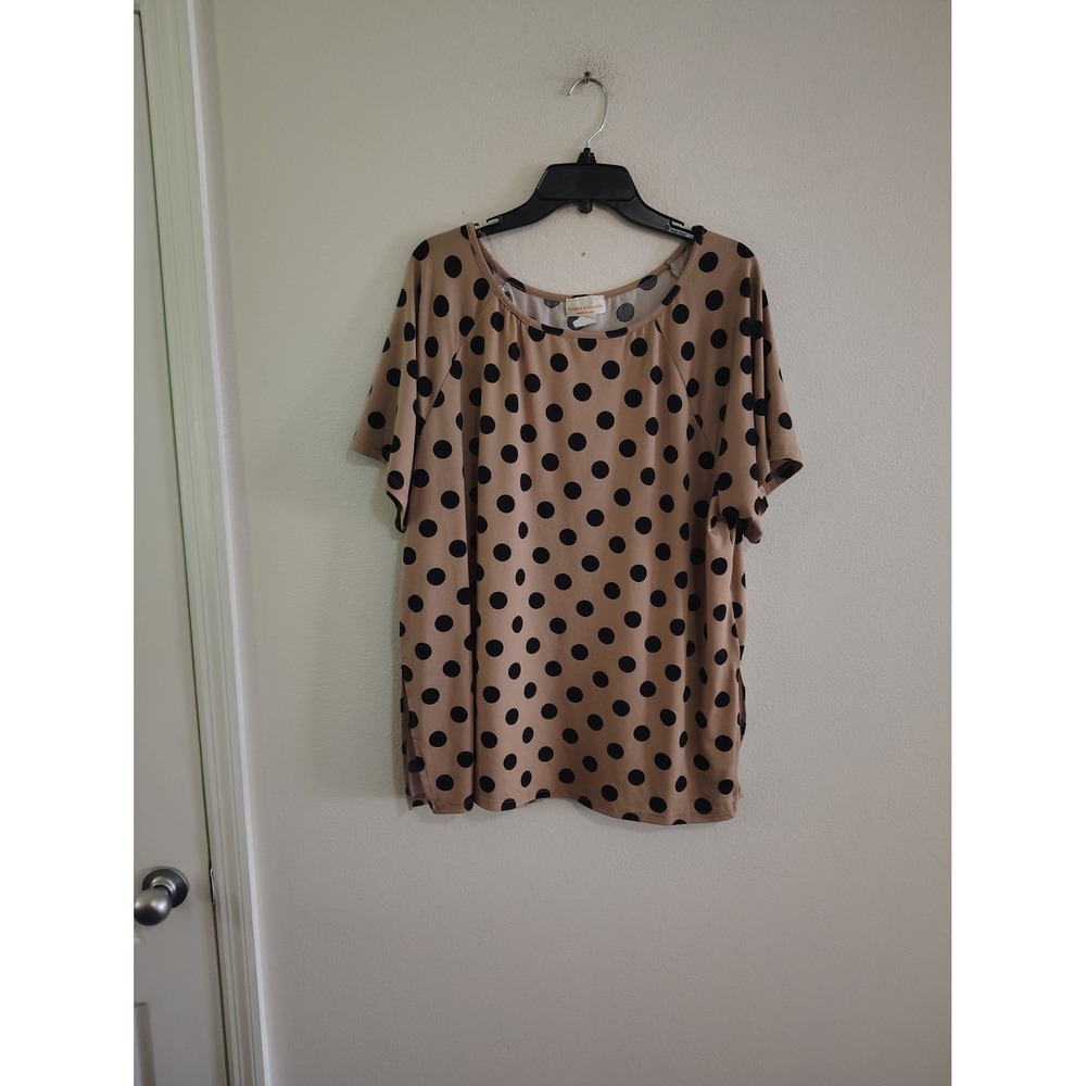 Karen-T Design Tan Black Polka Dot Short Sleeve Scoop Neck Blouse XL Made in USA